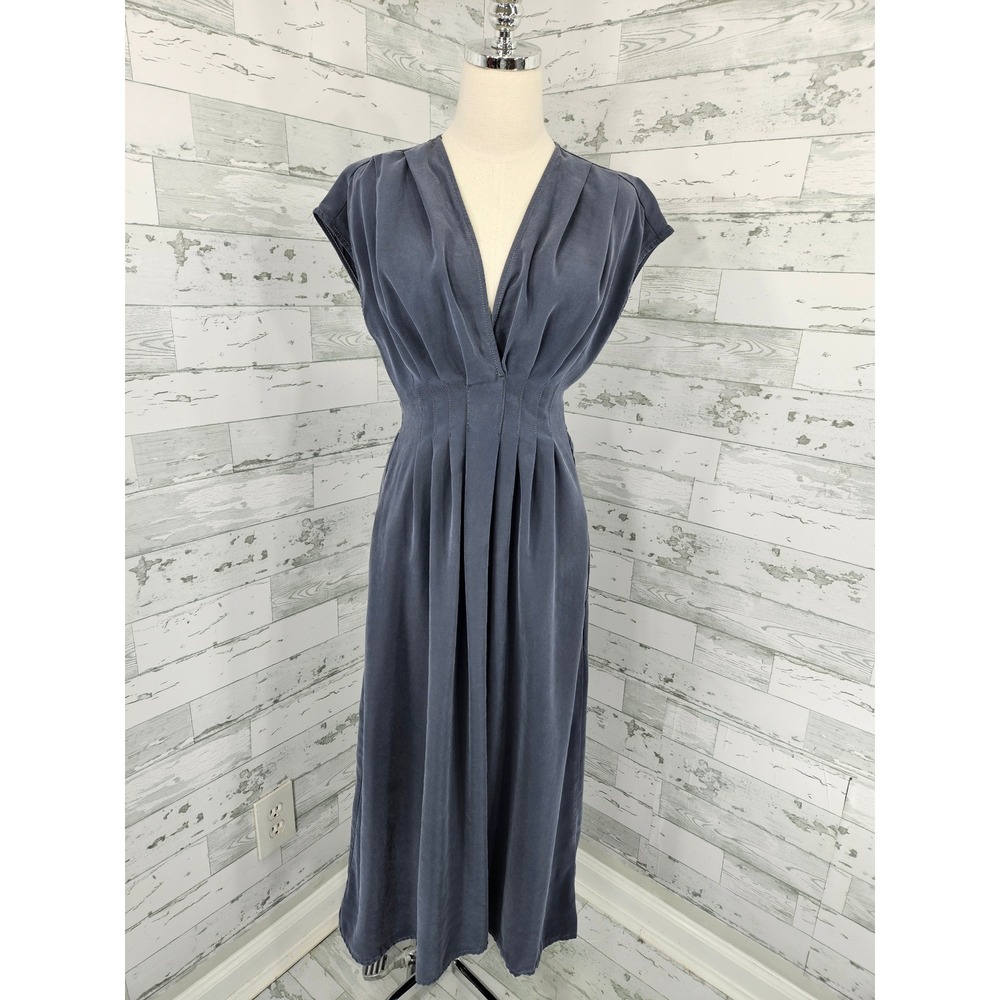 Max Studio London Slate Blue V-Neck Smocked Waist Maxi Dress XS Pockets
